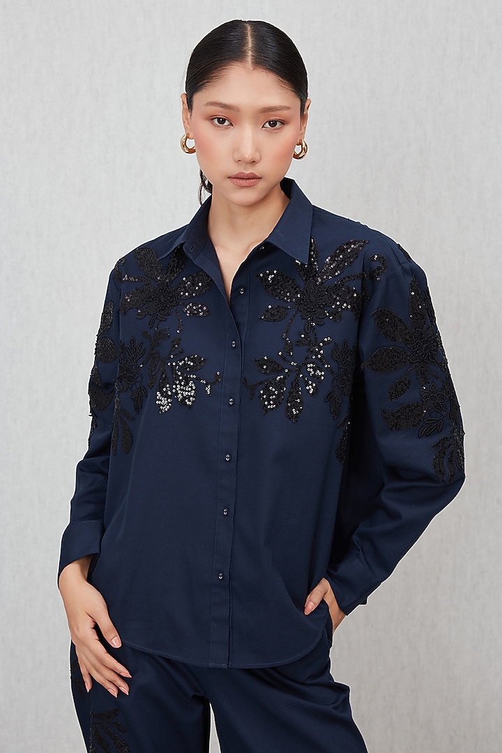 Navy Blue Cotton Twill Embroidered Shirt by Ranna Gill at Pernia's Pop Up Shop