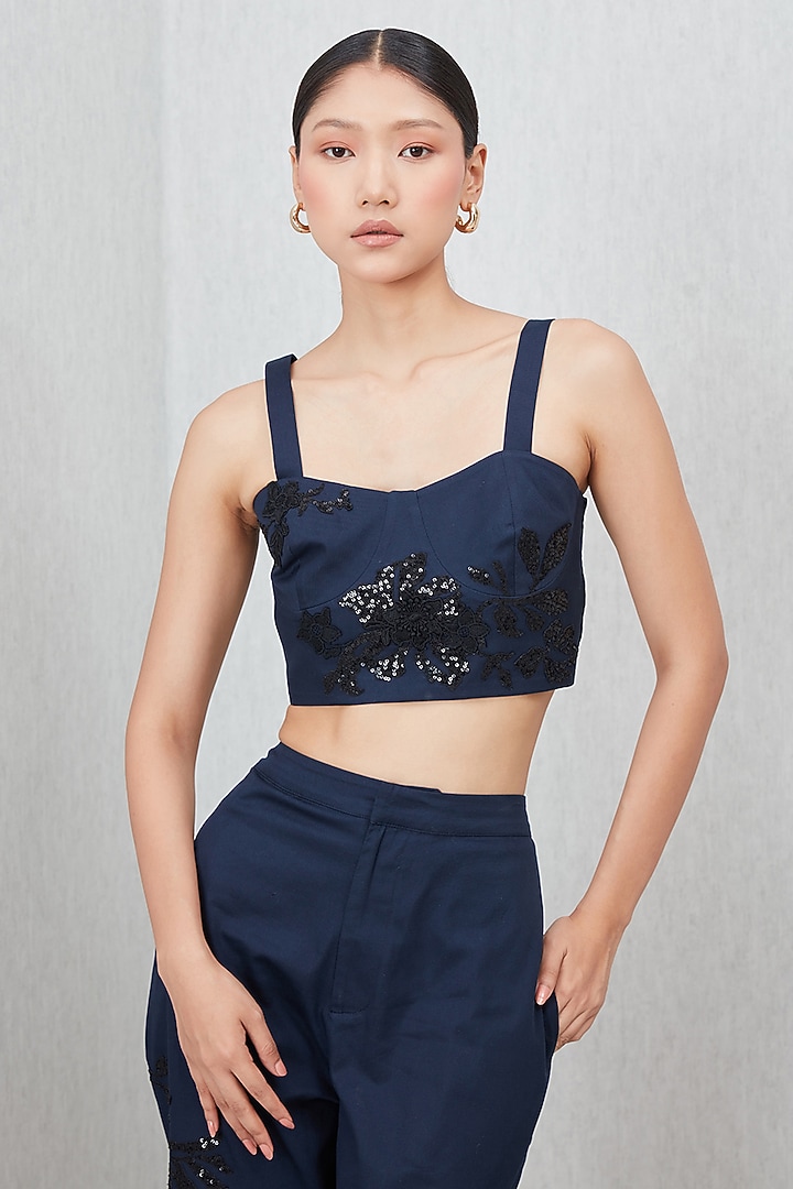Navy Blue Cotton Twill Embroidered Bustier by Ranna Gill at Pernia's Pop Up Shop