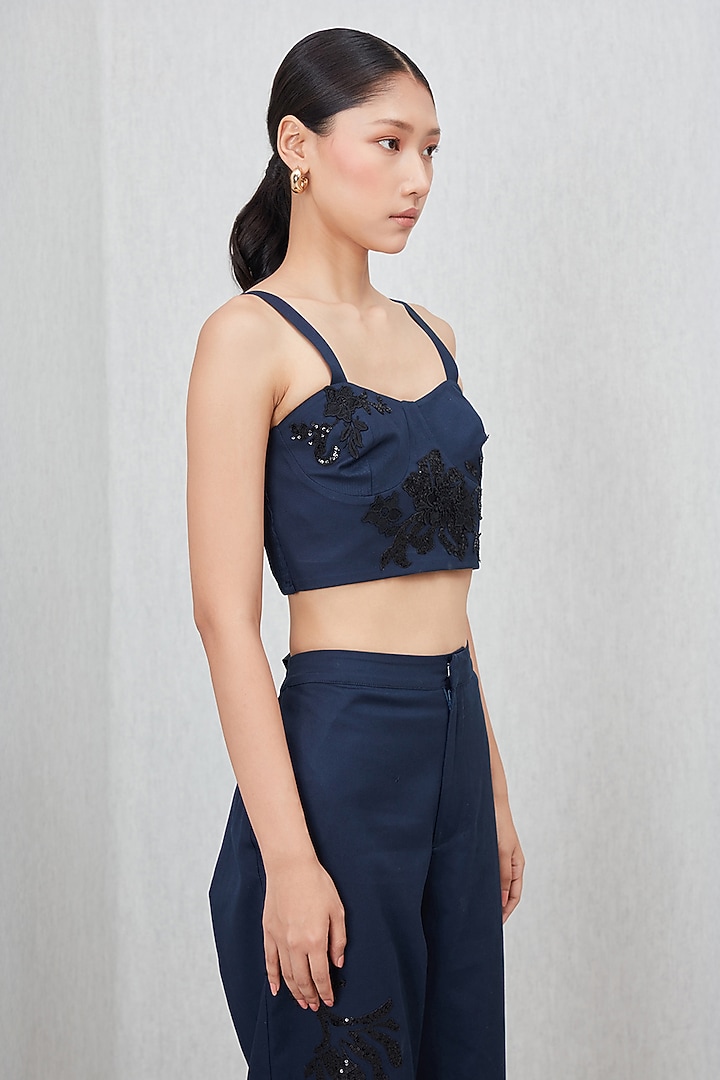 Navy Blue Cotton Twill Applique Embroidered Bustier by Ranna Gill at Pernia's Pop Up Shop