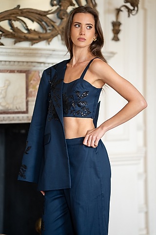 Navy Blue Cotton Twill Applique Embroidered Bustier by Ranna Gill