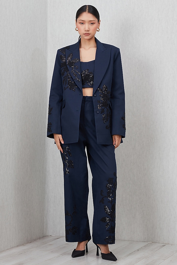 Navy Blue Cotton Twill Embroidered Jacket by Ranna Gill at Pernia's Pop Up Shop