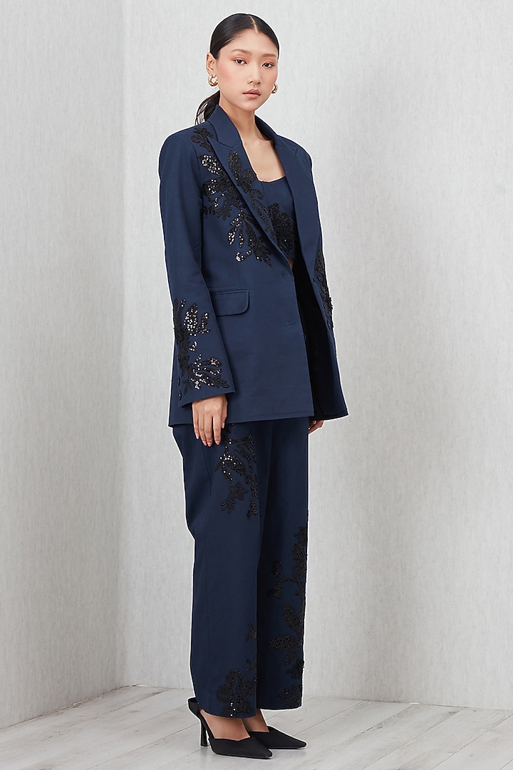 Navy Blue Cotton Twill Applique Work Jacket by Ranna Gill at Pernia's Pop Up Shop