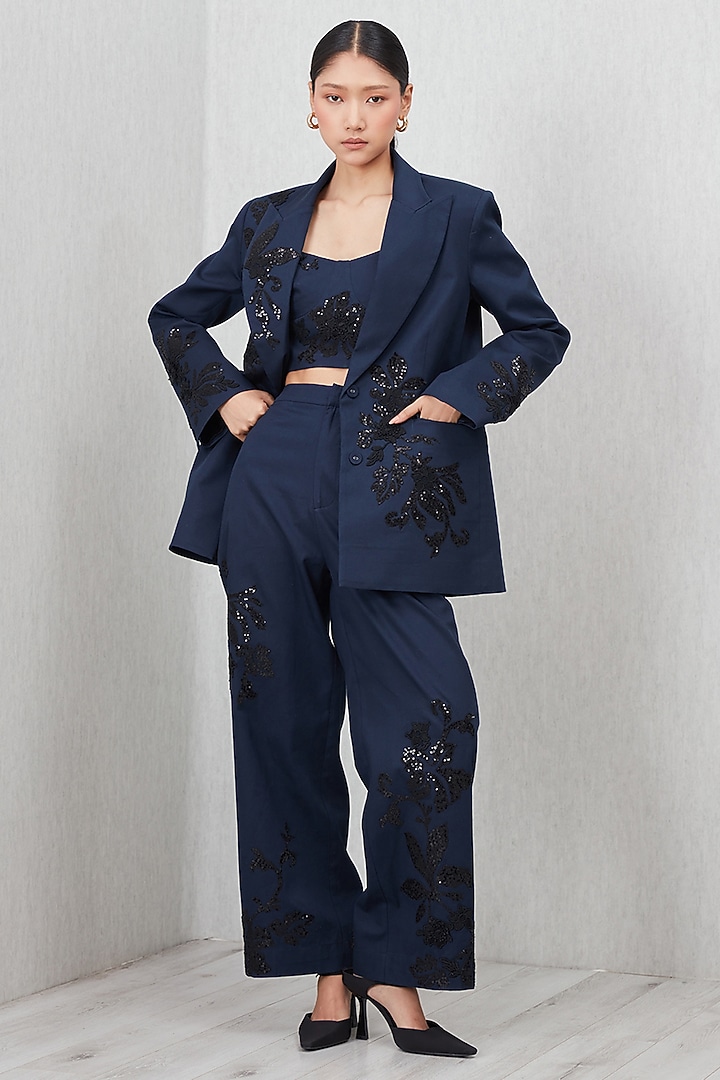 Navy Blue Cotton Twill Applique Work Jacket by Ranna Gill at Pernia's Pop Up Shop