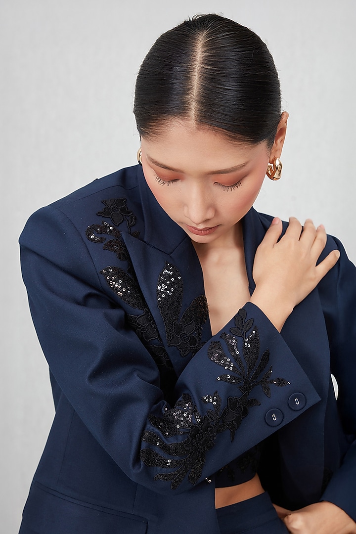 Navy Blue Cotton Twill Applique Work Jacket by Ranna Gill at Pernia's Pop Up Shop