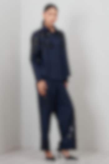 Navy Blue Cotton Twill Embroidered High-Waist Pants by Ranna Gill at Pernia's Pop Up Shop
