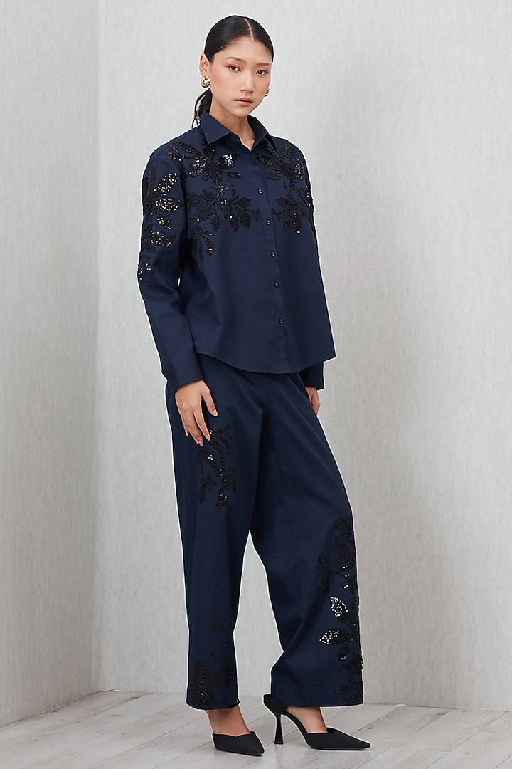 Navy Blue Cotton Twill Embroidered High-Waist Pants by Ranna Gill at Pernia's Pop Up Shop