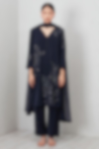 Navy Blue Poly Crinkle Embroidered Tunic Set by Ranna Gill at Pernia's Pop Up Shop