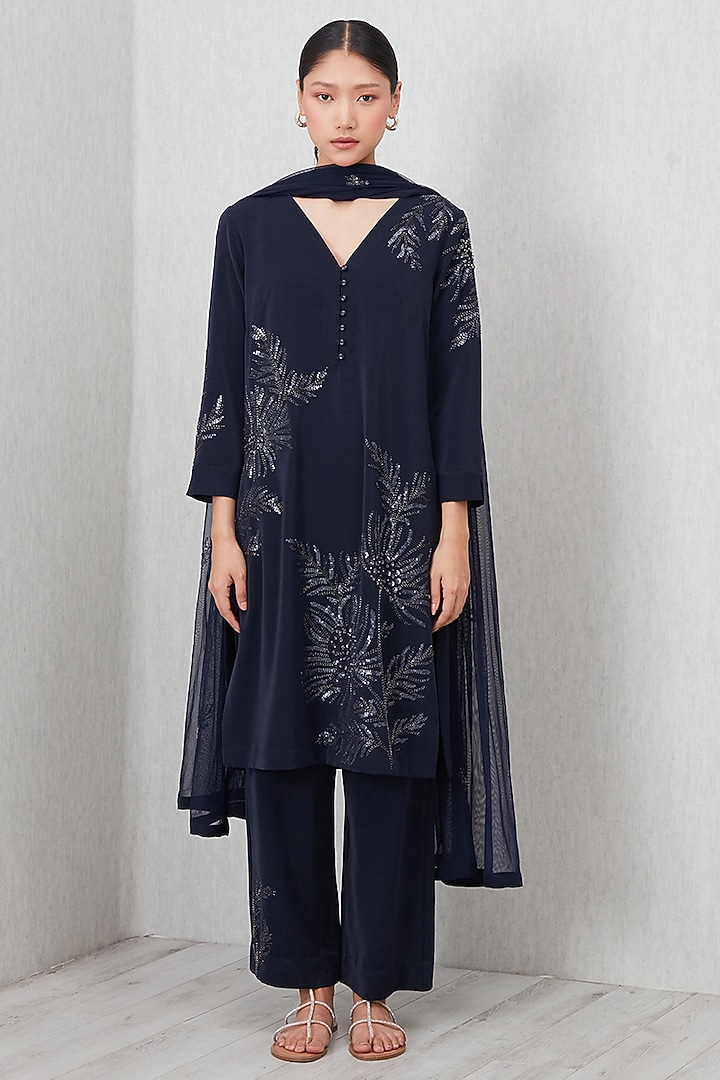 Navy Blue Poly Crinkle Embroidered Tunic Set by Ranna Gill at Pernia's Pop Up Shop