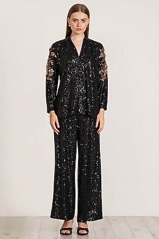 Black Sequins Embroidered Pants by Ranna Gill