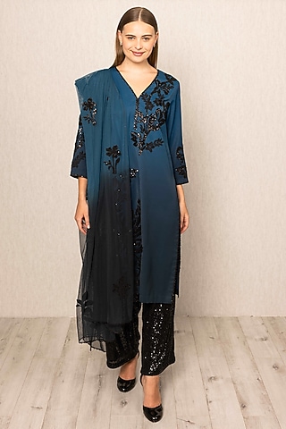 Teal Ombre China Poly Thread Work Tunic by Ranna Gill