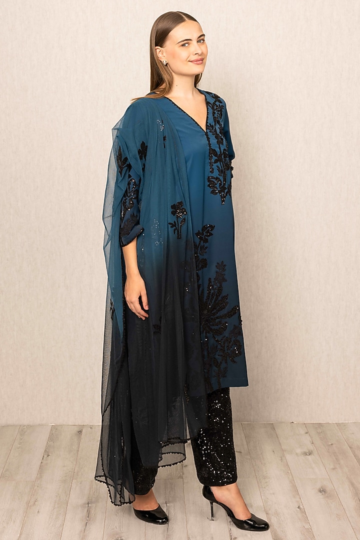Teal Ombre China Poly Thread Work Tunic by Ranna Gill at Pernia's Pop Up Shop