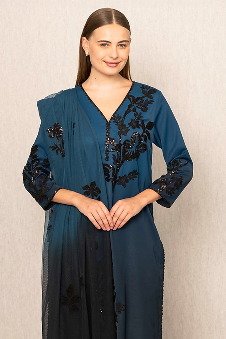Teal Ombre China Poly Thread Work Tunic by Ranna Gill at Pernia's Pop Up Shop