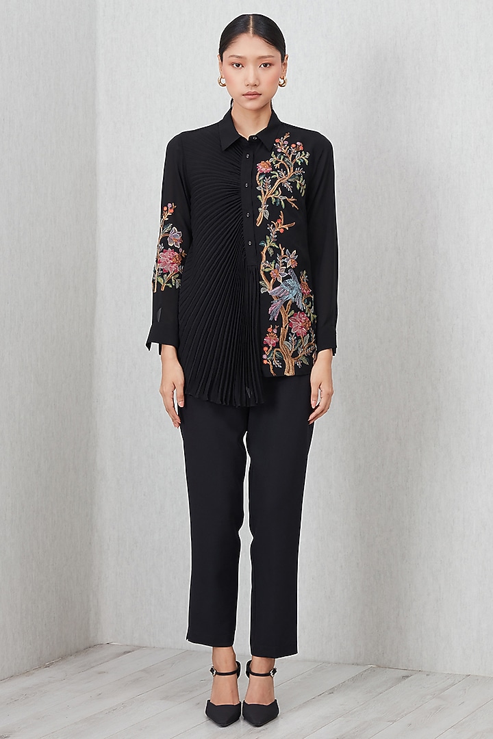 Black Royal Georgette Embroidered Blouse by Ranna Gill at Pernia's Pop Up Shop