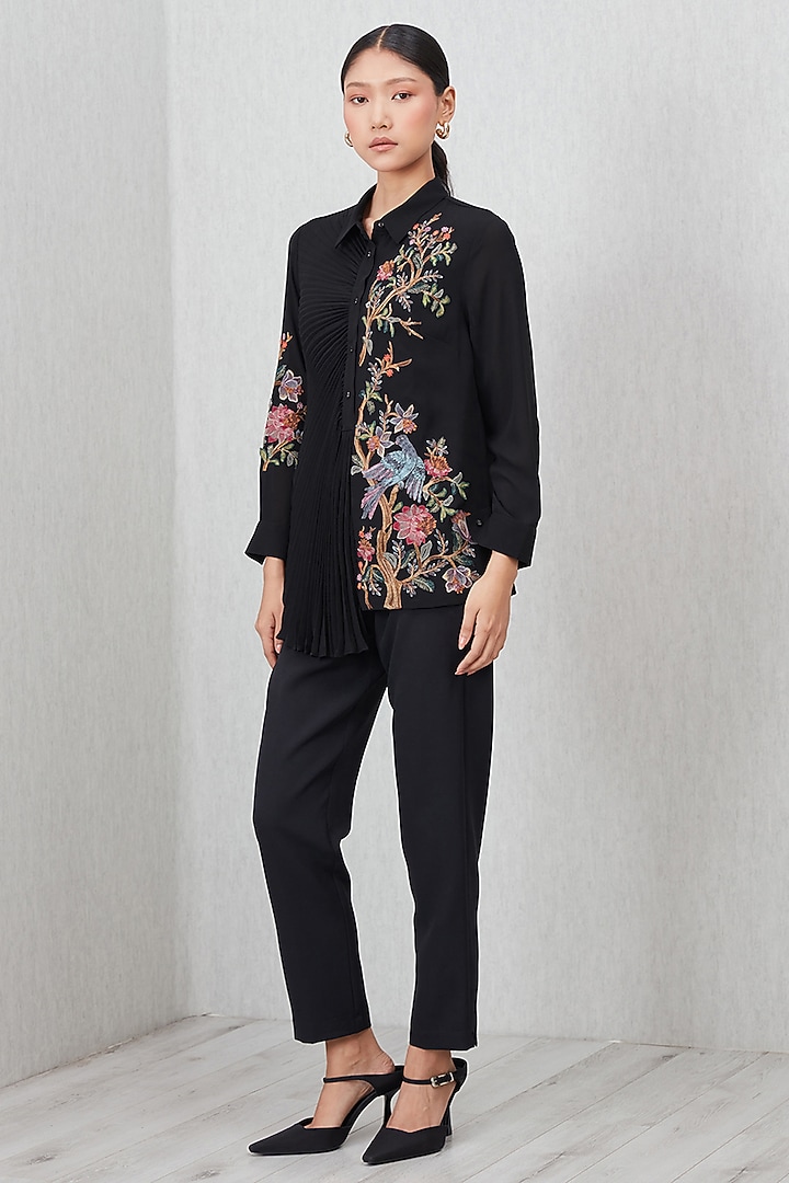 Black Royal Georgette Embroidered Blouse by Ranna Gill at Pernia's Pop Up Shop