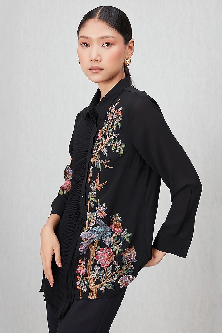 Black Royal Georgette Embroidered Blouse by Ranna Gill at Pernia's Pop Up Shop