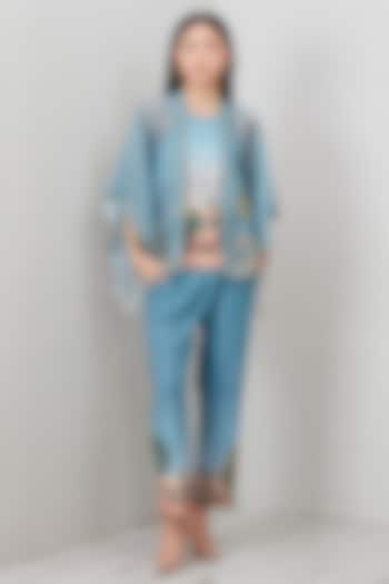 Teal Poly Crinkle Printed & Embroidered Blouse by Ranna Gill at Pernia's Pop Up Shop