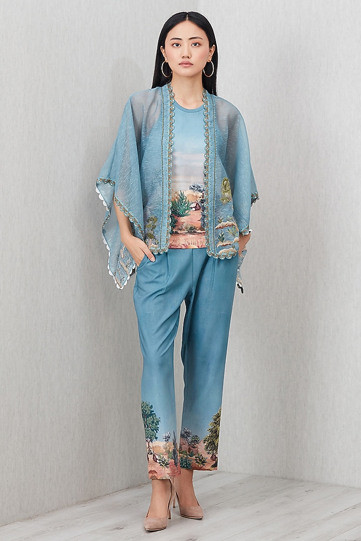Teal Poly Crinkle Printed & Embroidered Blouse by Ranna Gill at Pernia's Pop Up Shop