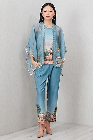 Teal Poly Crinkle Printed & Embroidered Blouse by Ranna Gill