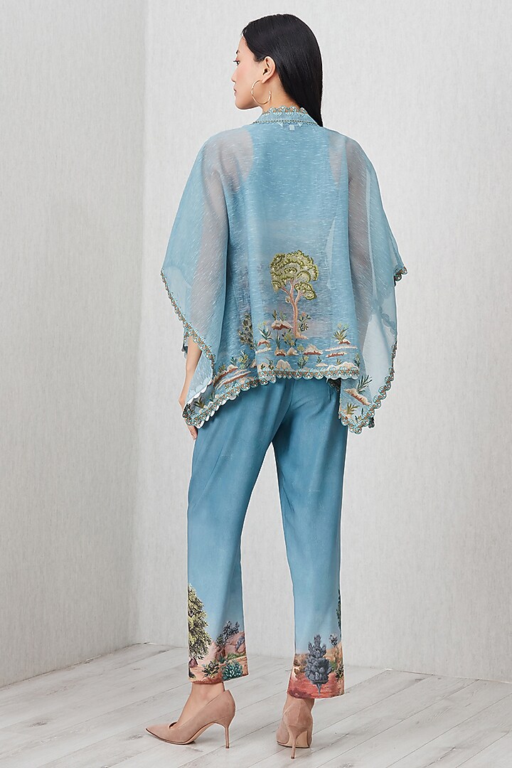 Teal Poly Crinkle Printed & Embroidered Blouse by Ranna Gill at Pernia's Pop Up Shop