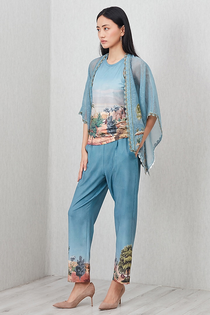 Teal Poly Crinkle Printed & Embroidered Blouse by Ranna Gill at Pernia's Pop Up Shop