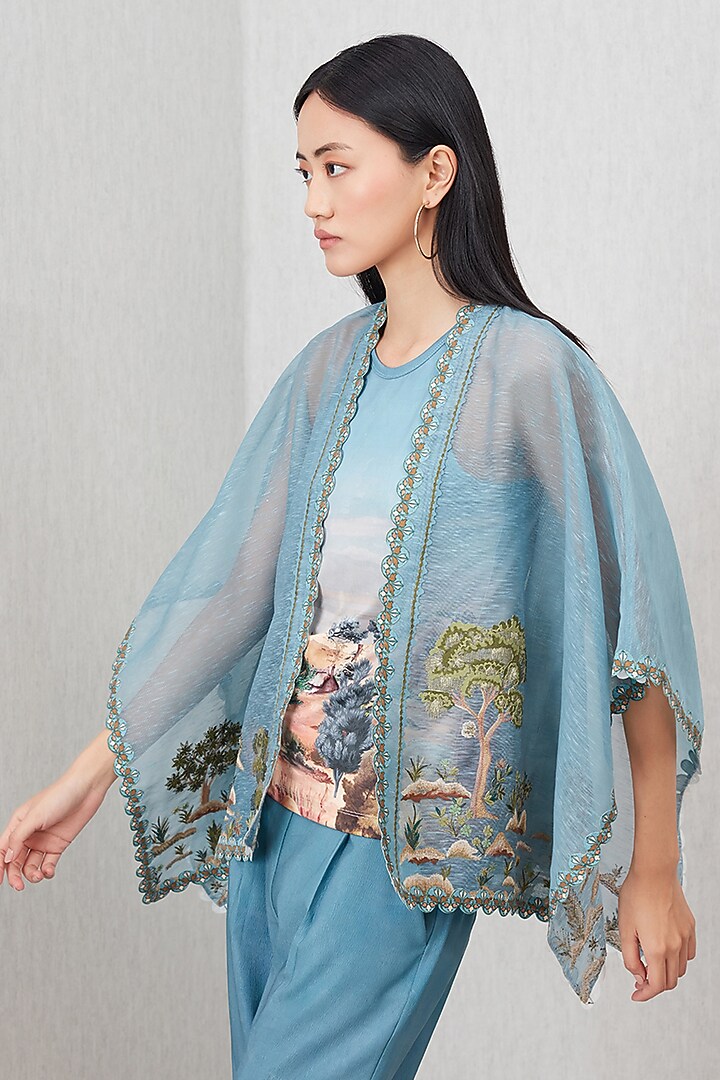 Teal Poly Crinkle Printed & Embroidered Blouse by Ranna Gill at Pernia's Pop Up Shop