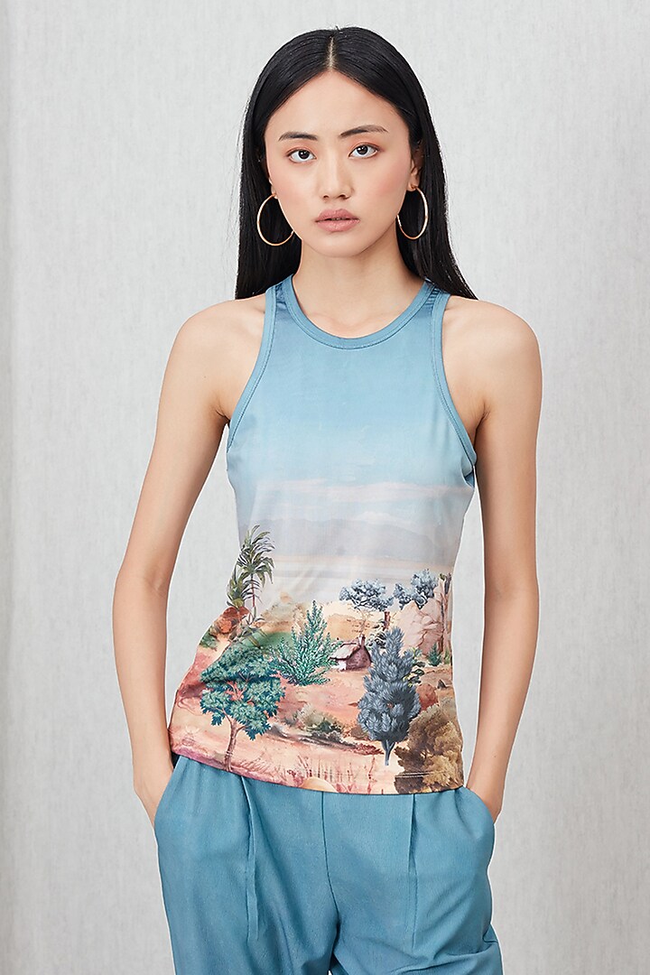 Teal Poly Crinkle Printed & Embroidered Blouse by Ranna Gill at Pernia's Pop Up Shop