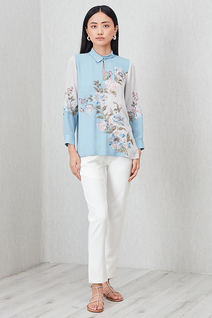 Blue-Grey Royal Georgette Embroidered Blouse by Ranna Gill at Pernia's Pop Up Shop