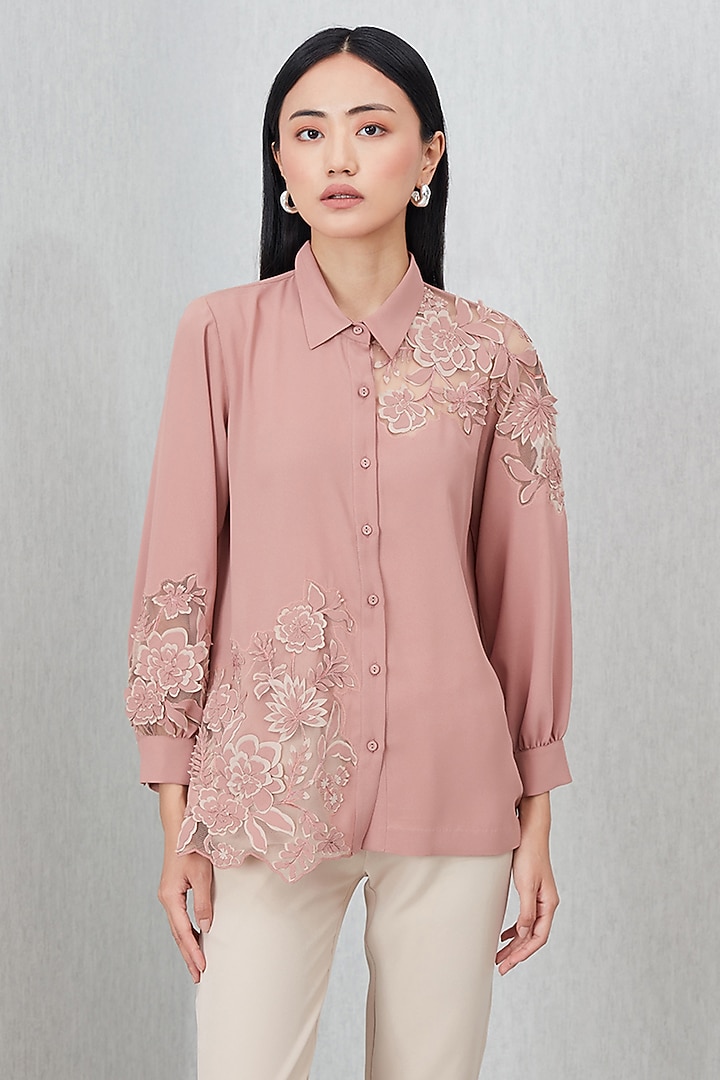 Dusty Rose China Georgette Embroidered Blouse by Ranna Gill at Pernia's Pop Up Shop