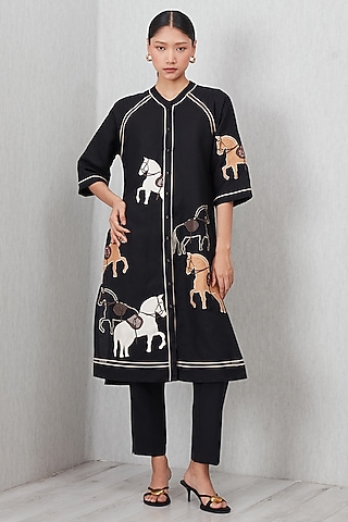 Black Viscose Linen Printed & Embroidered Tunic by Ranna Gill