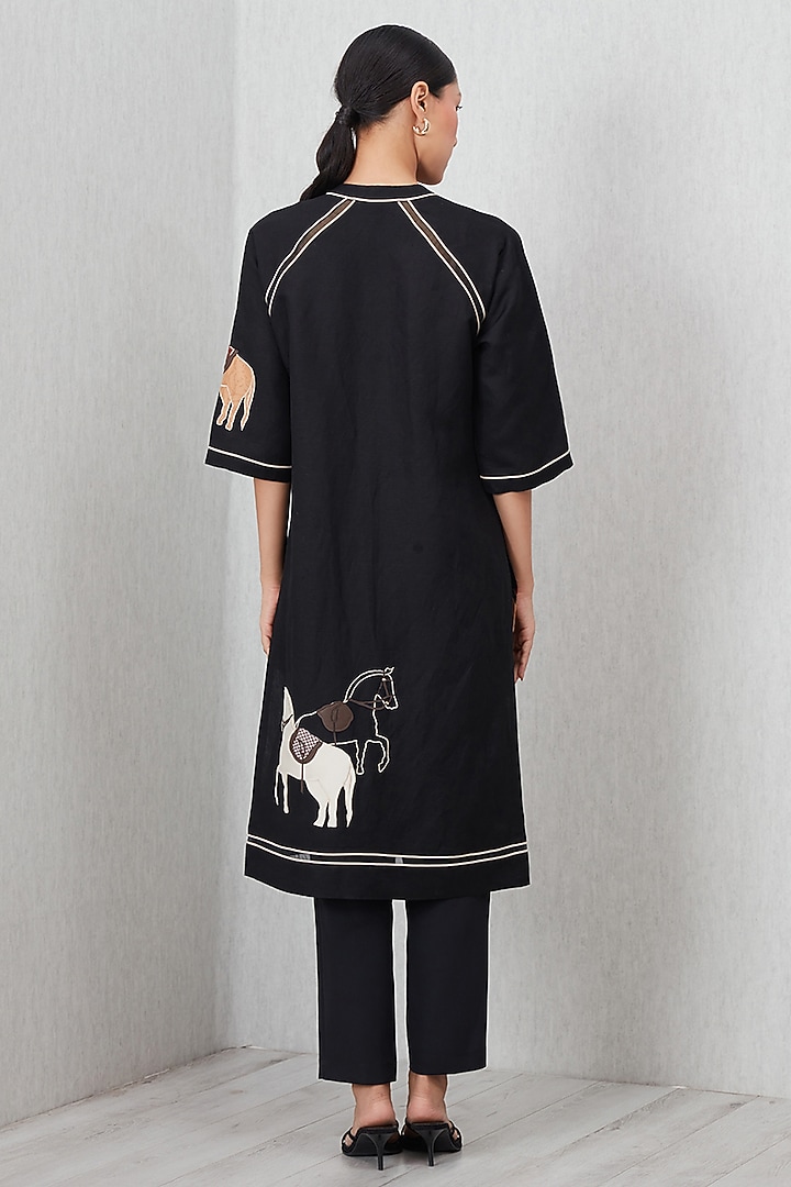 Black Viscose Linen Printed & Embroidered Tunic by Ranna Gill at Pernia's Pop Up Shop