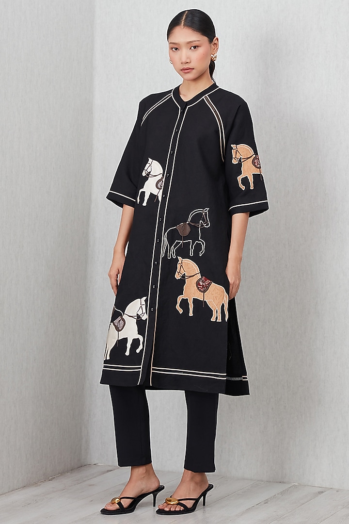 Black Viscose Linen Printed & Embroidered Tunic by Ranna Gill at Pernia's Pop Up Shop
