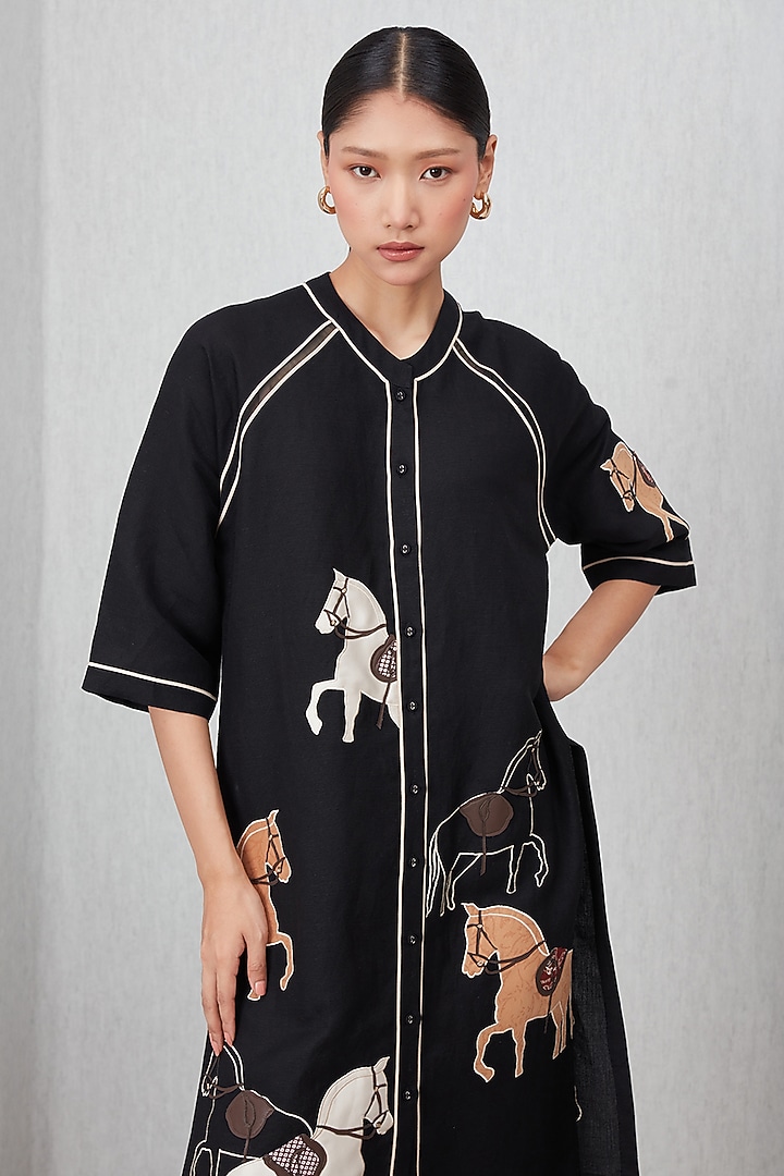 Black Viscose Linen Printed & Embroidered Tunic by Ranna Gill at Pernia's Pop Up Shop