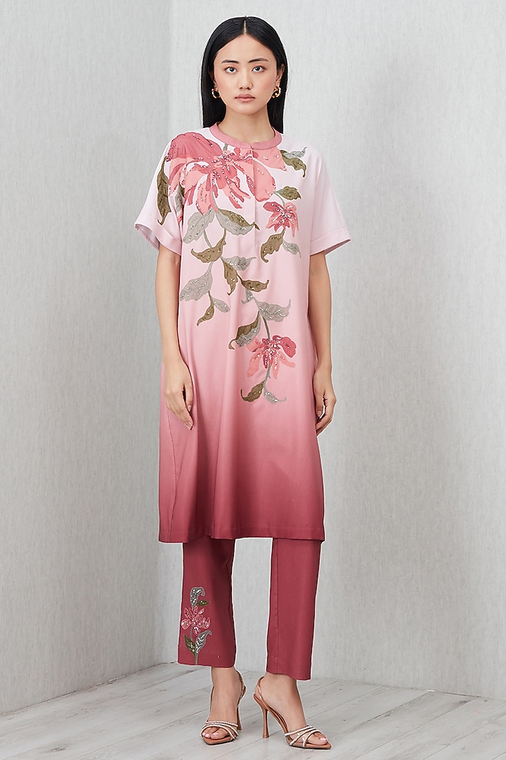 Ombre Pink Poly Crinkle Printed & Embroidered Tunic Set by Ranna Gill at Pernia's Pop Up Shop