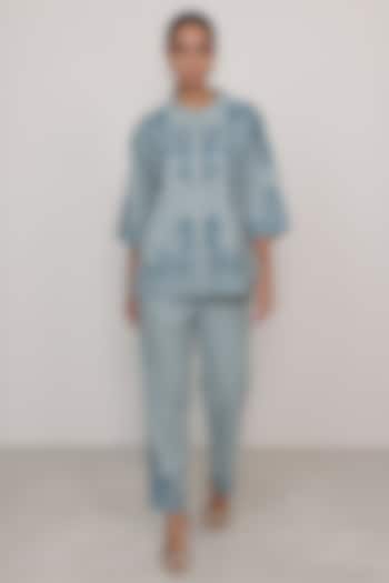 Powder Blue Poly Flex Printed Co-Ord Set by Ranna Gill at Pernia's Pop Up Shop