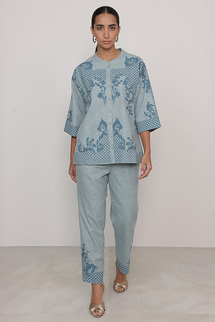 Powder Blue Poly Flex Printed Co-Ord Set by Ranna Gill at Pernia's Pop Up Shop