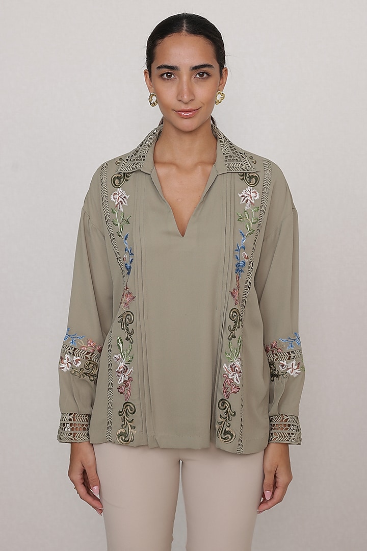 Light Olive Royal Georgette Embroidered Blouse by Ranna Gill at Pernia's Pop Up Shop