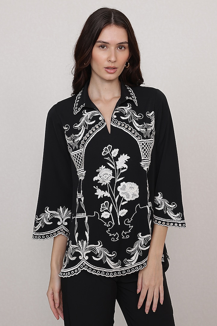 Black China Crepe Embroidered Blouse by Ranna Gill at Pernia's Pop Up Shop