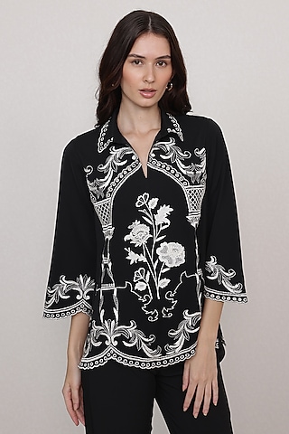 Black China Crepe Embroidered Blouse by Ranna Gill