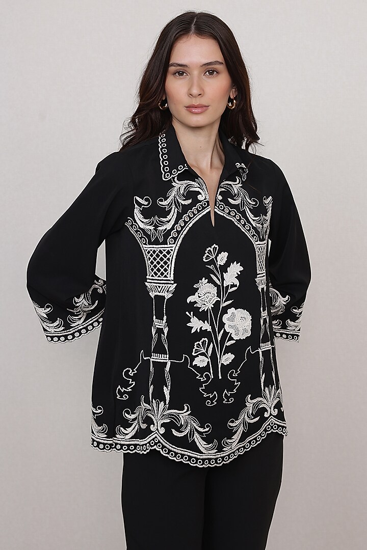 Black China Crepe Embroidered Blouse by Ranna Gill at Pernia's Pop Up Shop