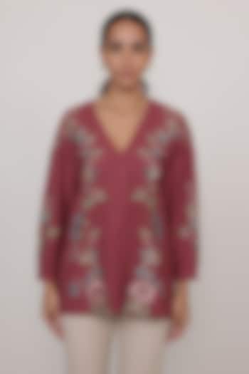 Rust Red China Crinkle Embroidered Blouse by Ranna Gill at Pernia's Pop Up Shop