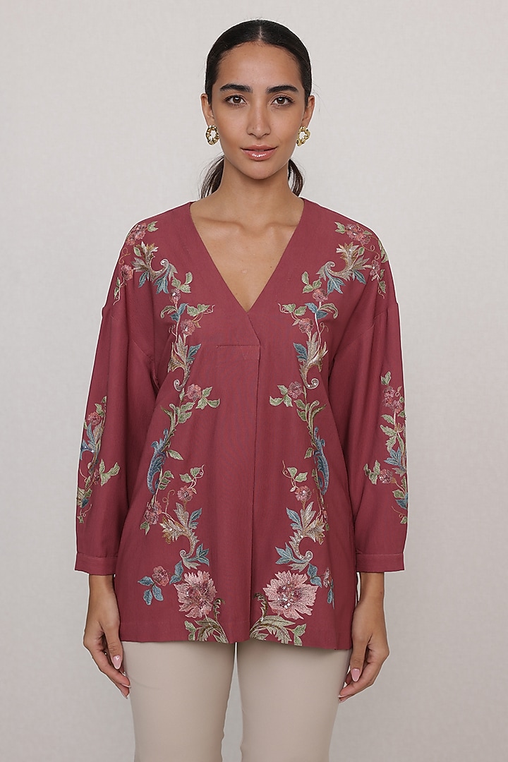 Rust Red China Crinkle Embroidered Blouse by Ranna Gill at Pernia's Pop Up Shop