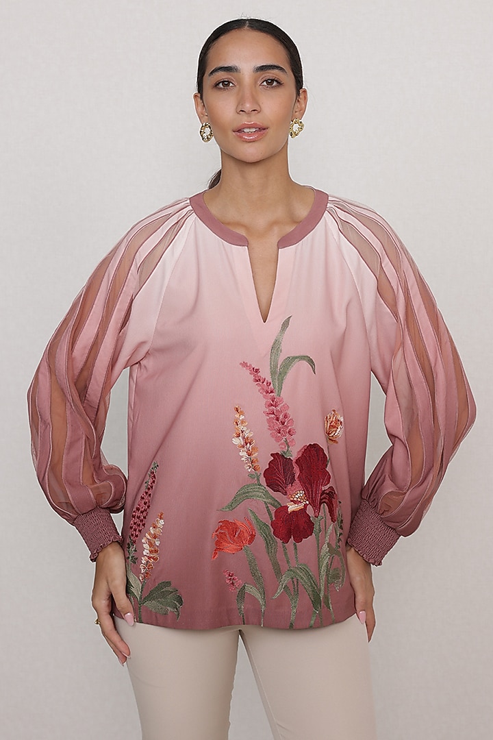 Blush Rose Poly Crinkle Embroidered Blouse by Ranna Gill at Pernia's Pop Up Shop
