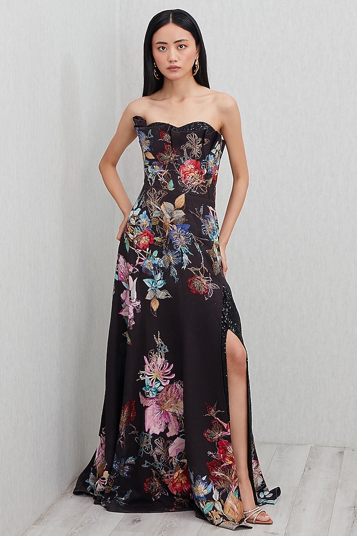 Multi-Colored Viscose Jacquard Printed & Embroidered Engagement Gown by Ranna Gill at Pernia's Pop Up Shop