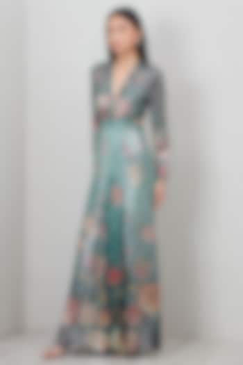 Teal Green Sequin Printed & Embroidered Party Wear Gown by Ranna Gill at Pernia's Pop Up Shop