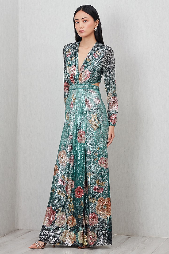 Teal Green Sequin Printed & Embroidered Party Wear Gown by Ranna Gill at Pernia's Pop Up Shop