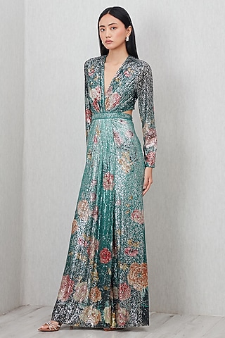 Teal Green Sequin Printed & Embroidered Gown by Ranna Gill