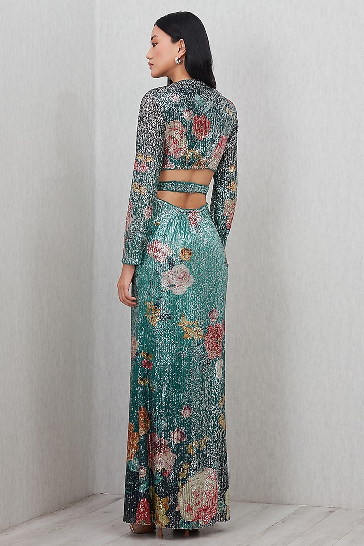 Teal Green Sequin Printed & Embroidered Party Wear Gown by Ranna Gill at Pernia's Pop Up Shop