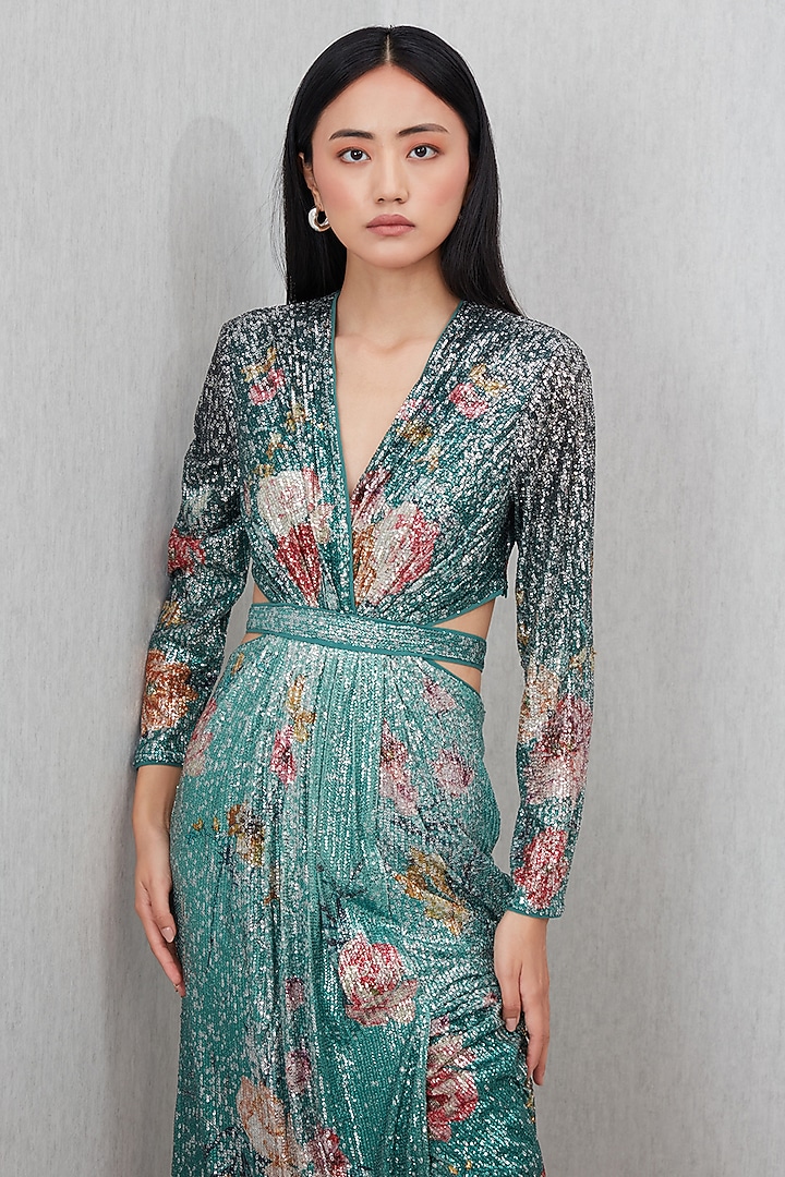 Teal Green Sequin Printed & Embroidered Party Wear Gown by Ranna Gill at Pernia's Pop Up Shop