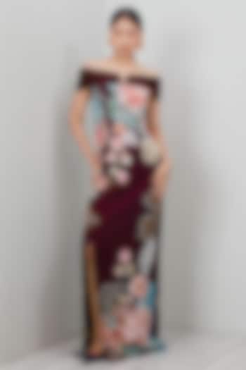Wine Crepe Blend Printed & Embroidered Engagement Gown by Ranna Gill at Pernia's Pop Up Shop
