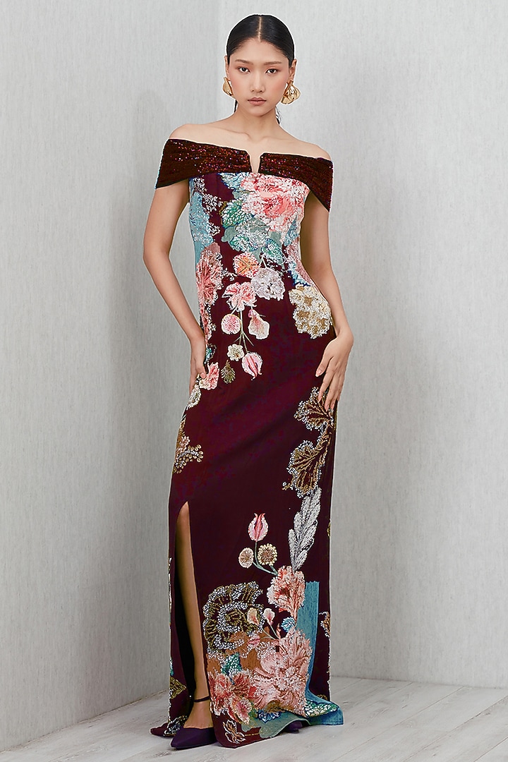 Wine Crepe Blend Printed & Embroidered Engagement Gown by Ranna Gill at Pernia's Pop Up Shop